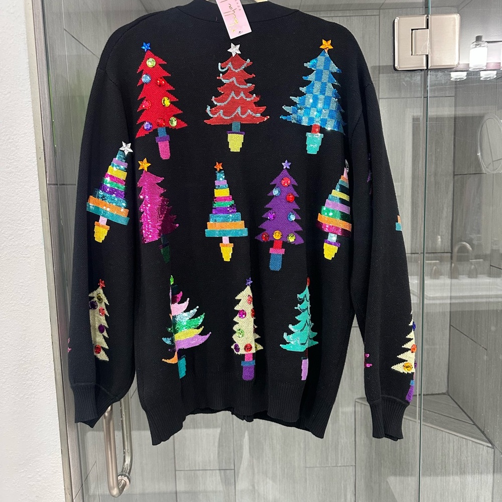 QUEEN OF SPARKLES Black Cardigan with Colorful Tree Designs - Picture 2 of 2